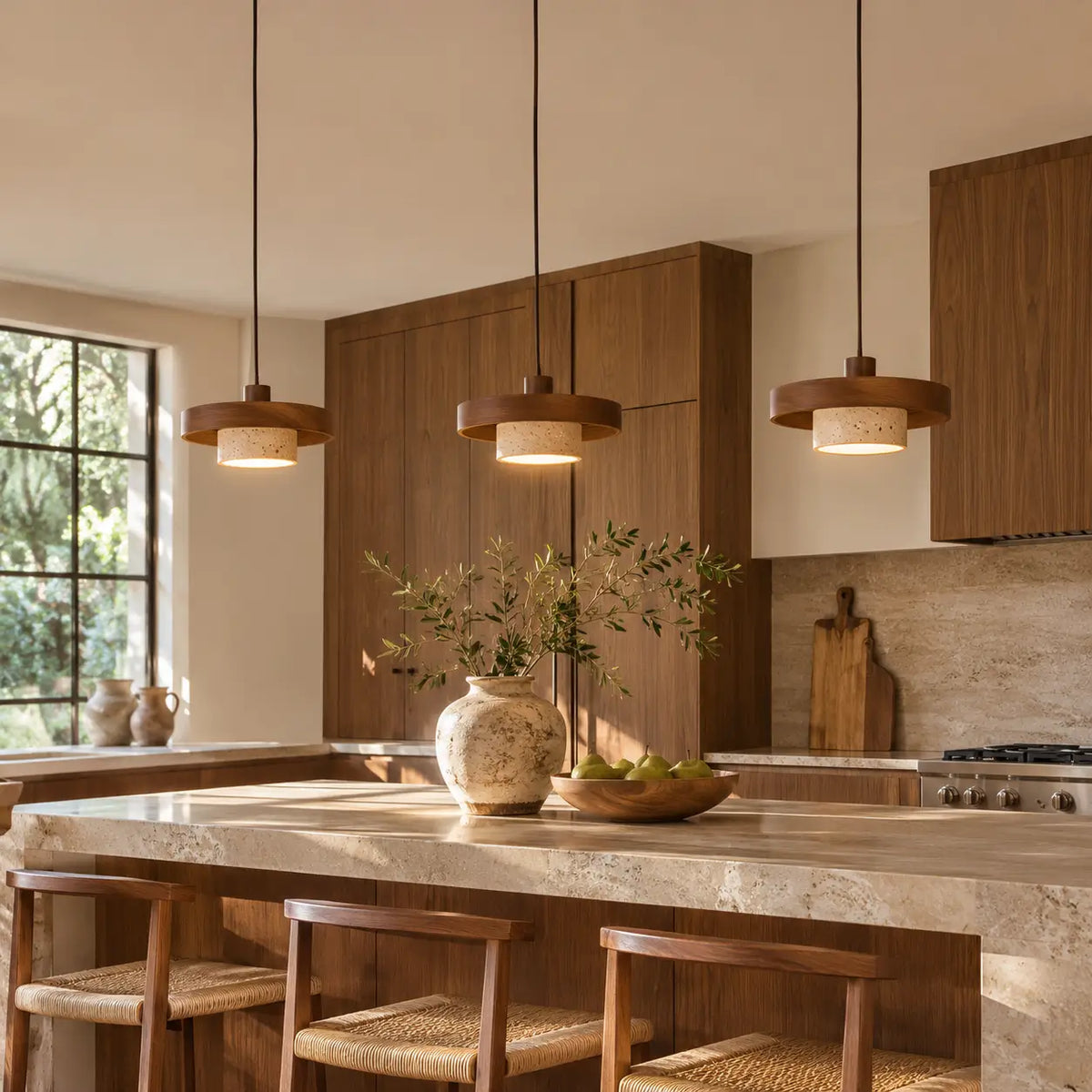 Travertine Pendants Over a Kitchen Island
