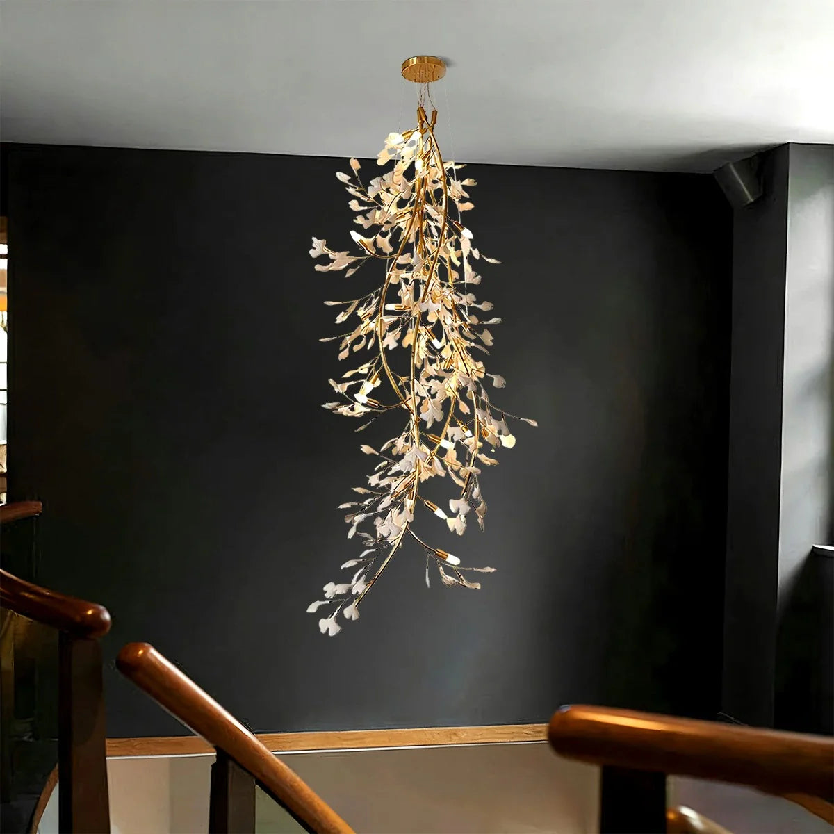 Antizer Gingko Long Branch Chandelier for High Ceiling
