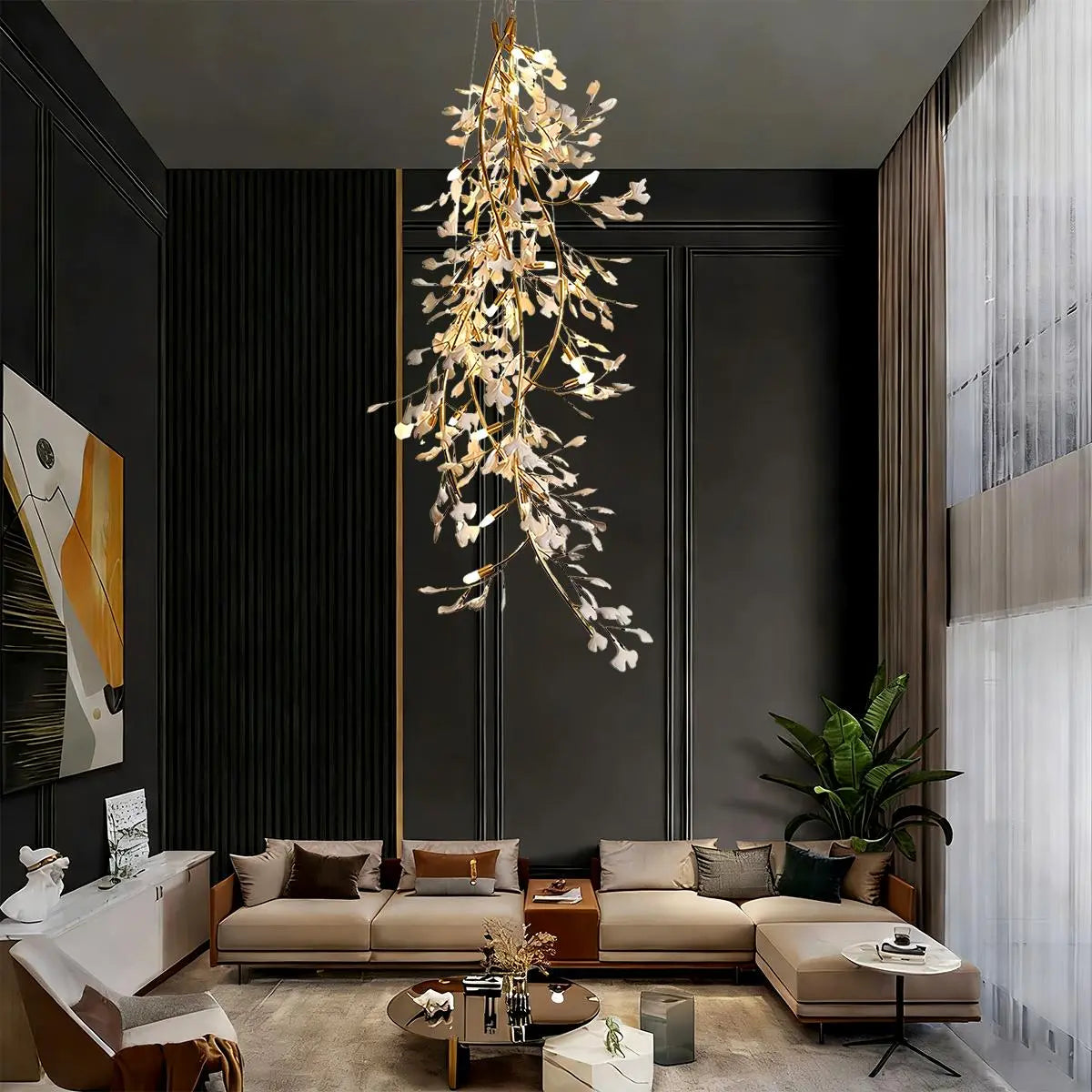 Antizer Gingko Long Branch Chandelier for High Ceiling