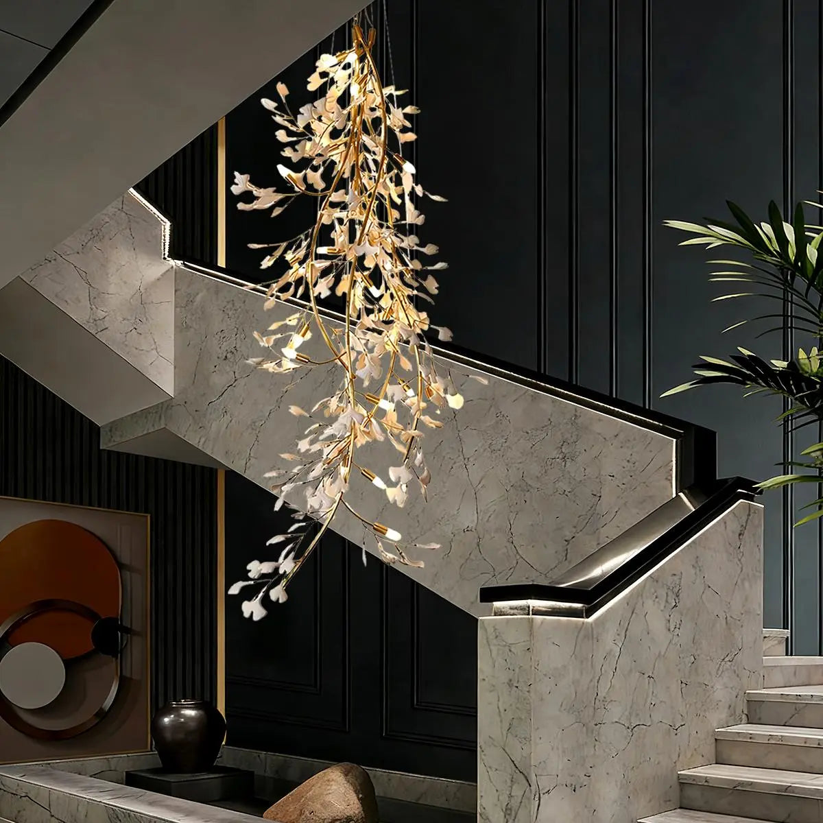 Antizer Gingko Long Branch Chandelier for High Ceiling