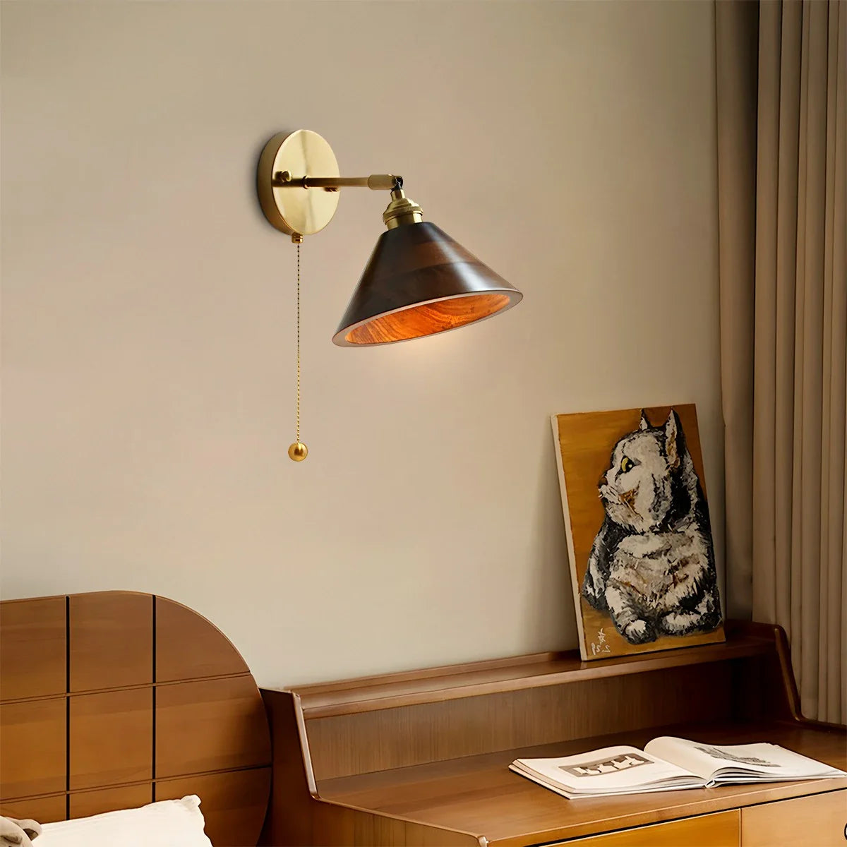 Zarvo Vintage Wood Pull Chain Switch Wall Lamp