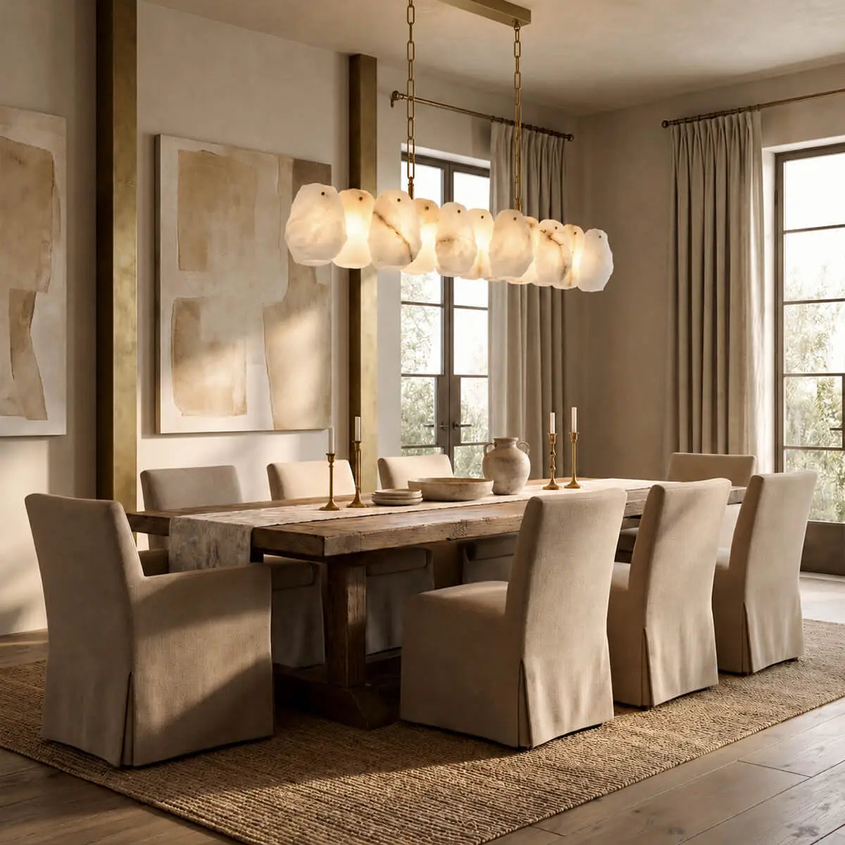 Brass Alabaster Linear Island Chandelier