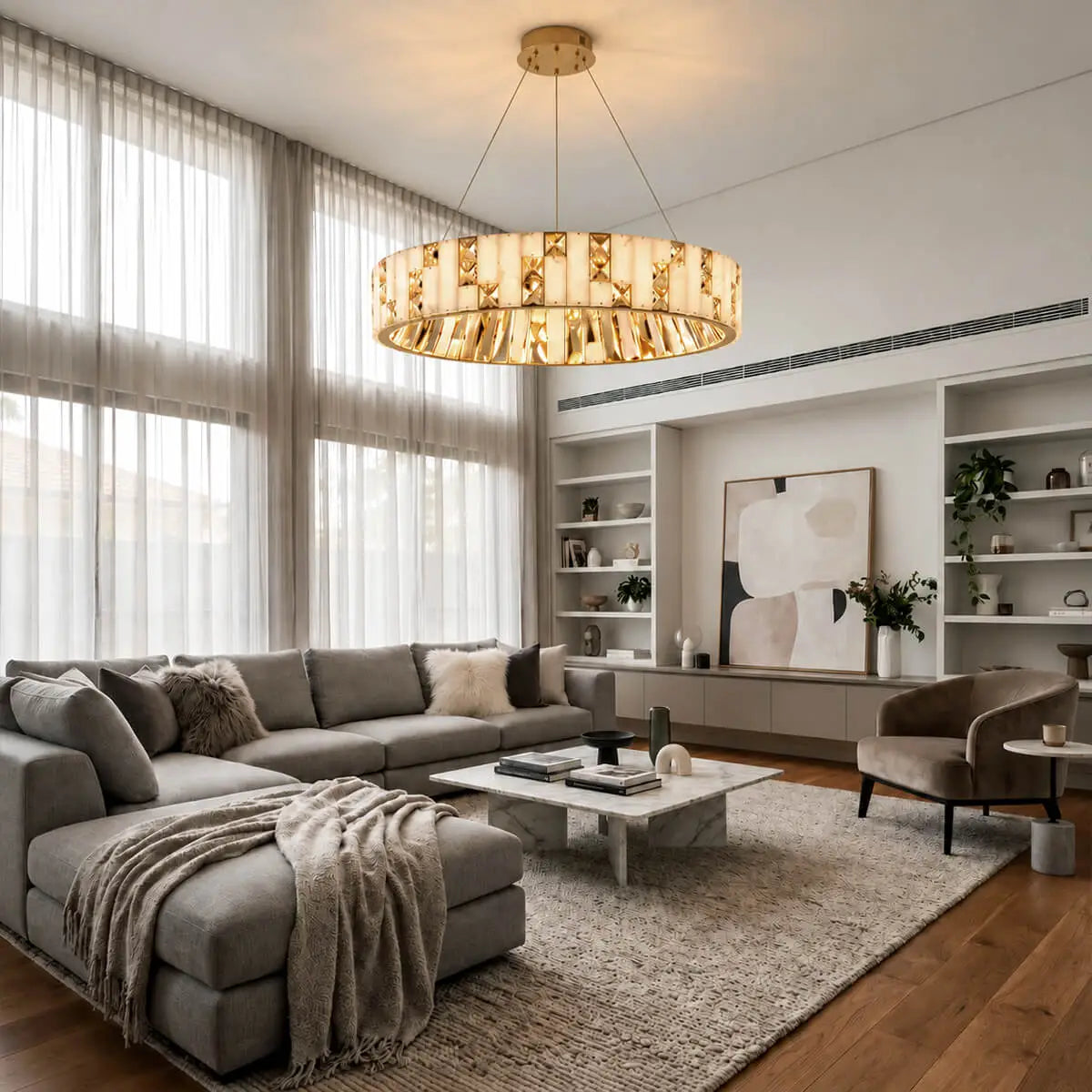 Crystal & Alabaster Round Chandelier