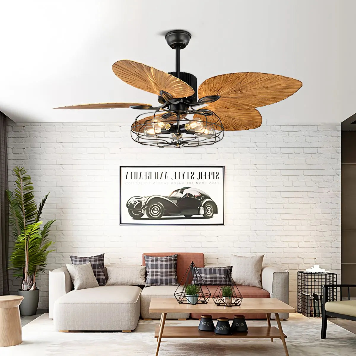 Industrial Tropical Palm Leaves Ceiling Fan Light