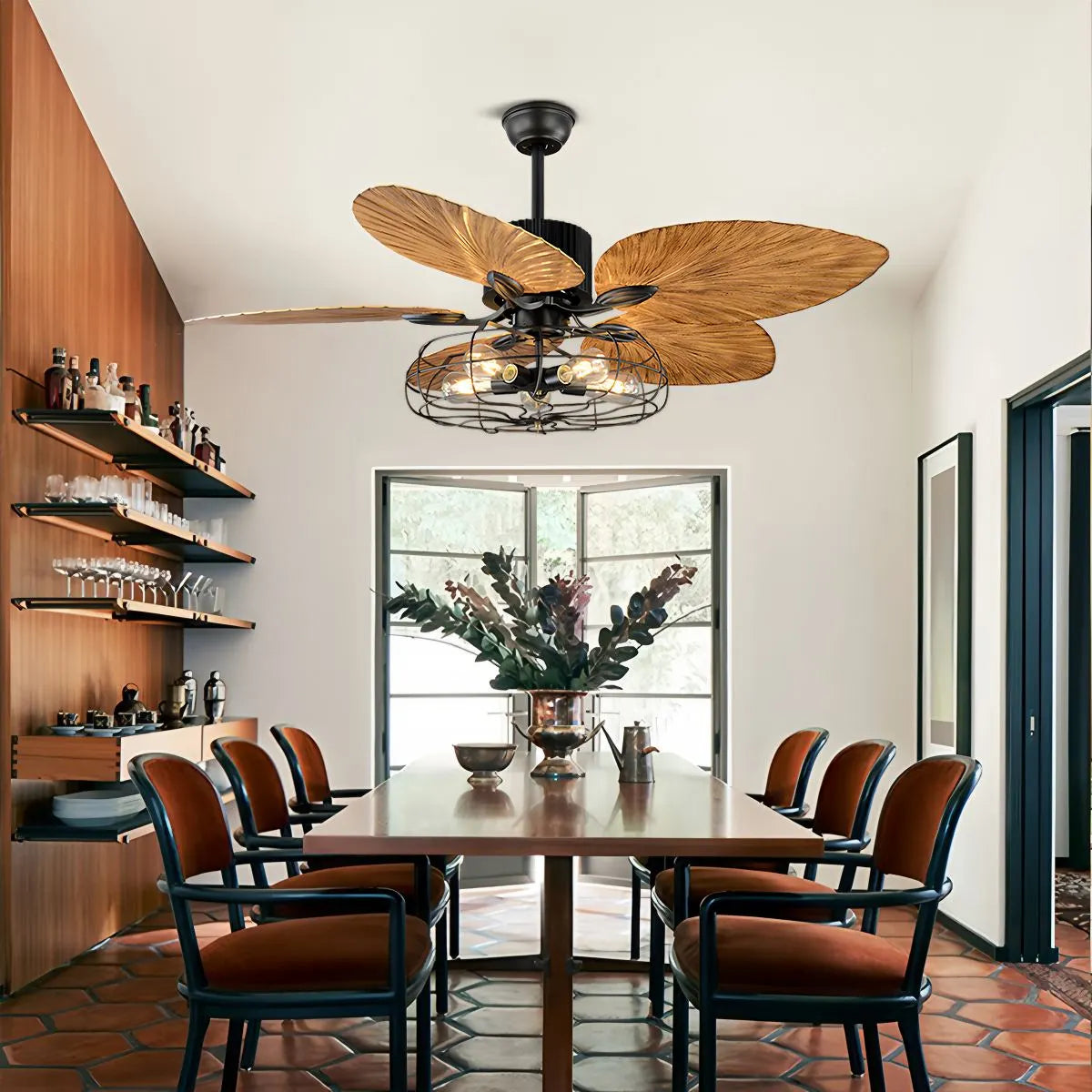 Industrial Tropical Palm Leaves Ceiling Fan Light