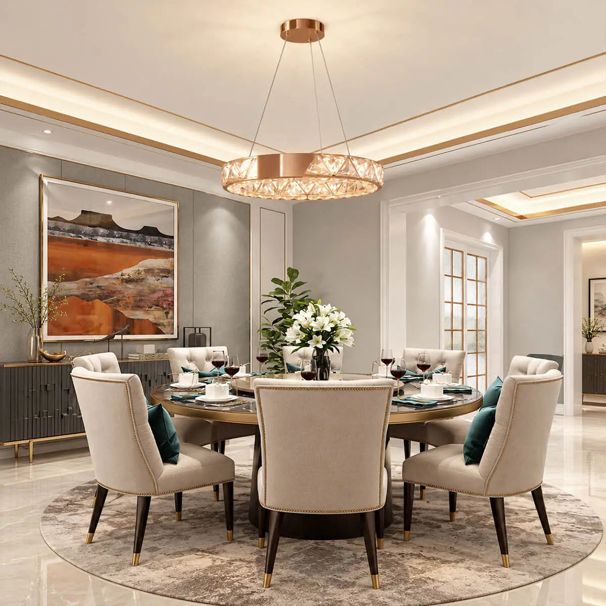 Rose Gold & Crystal Round Chandelier