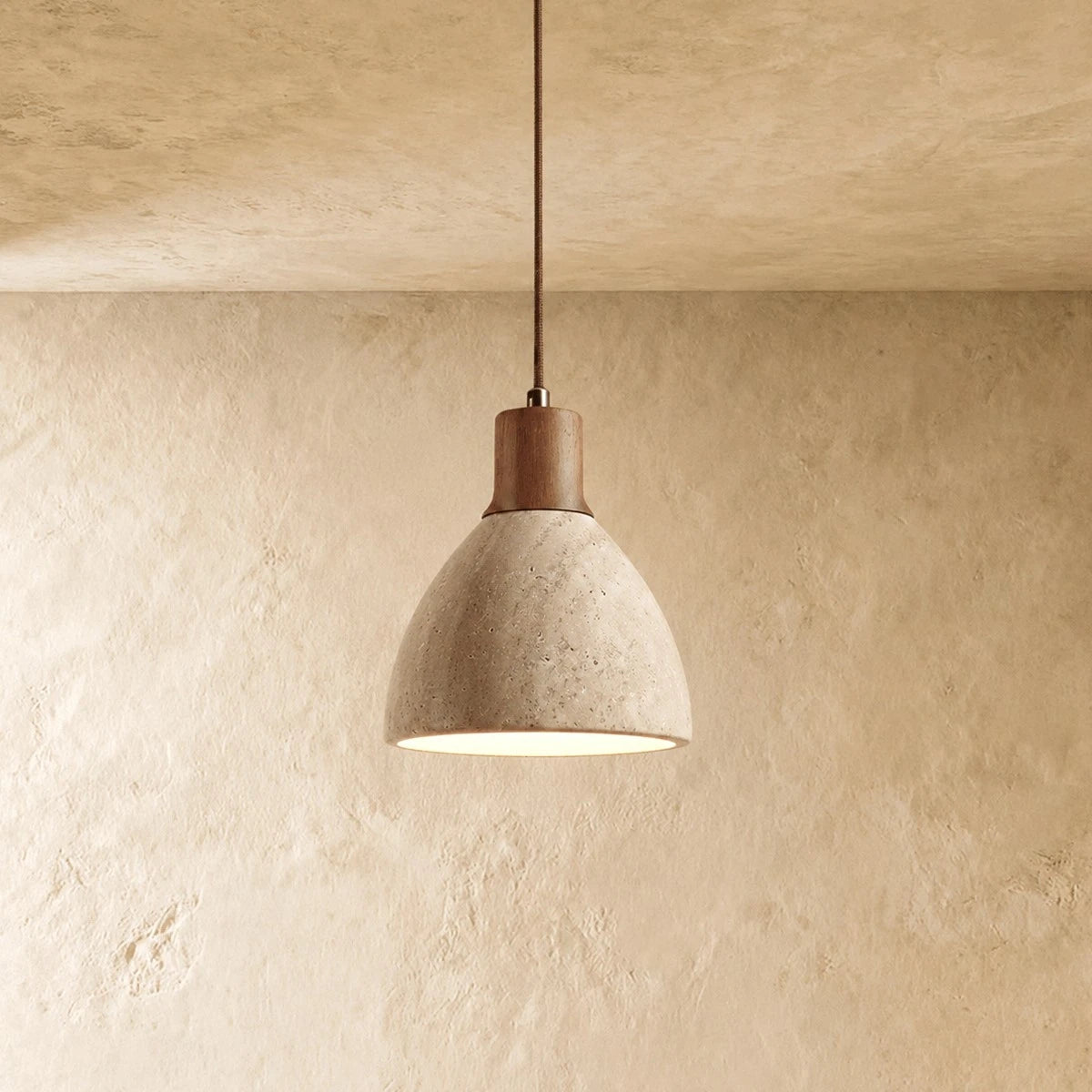 Strata Modern Organic Pendant Light — Travertine Stone & Wood Kitchen Island Lighting